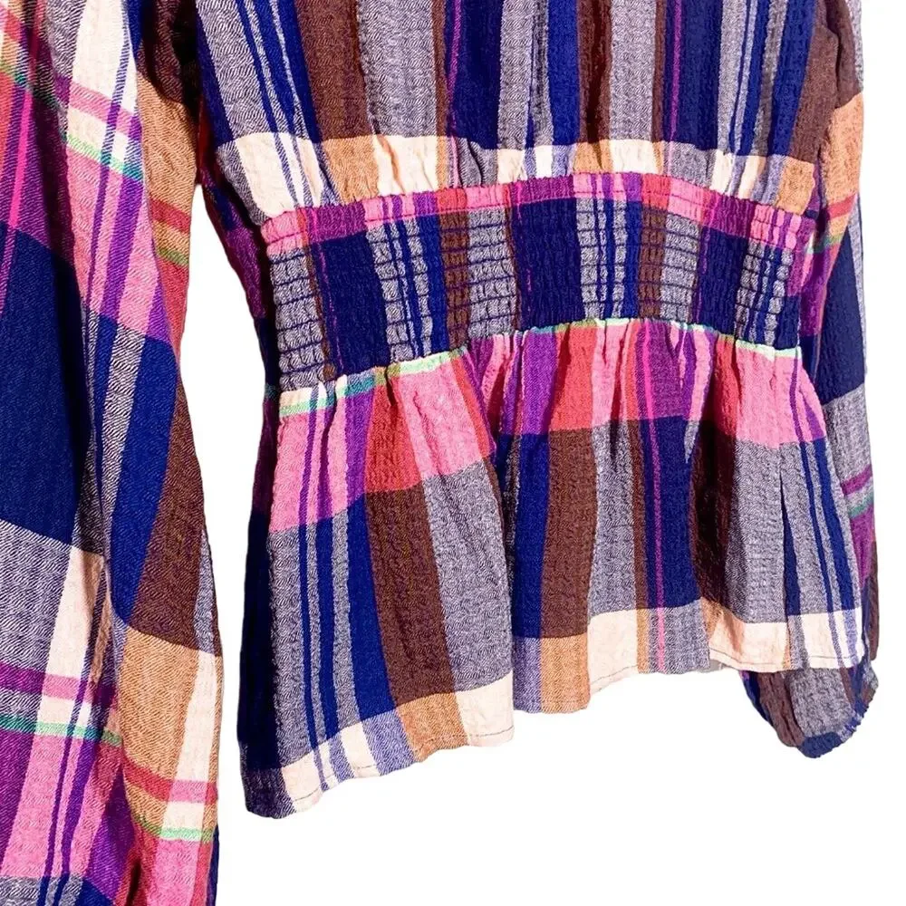 Pilcro Anthropologie Plaid Peplum Smocked Waist Long Sleeve Top Pink Navy Small